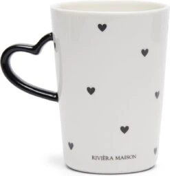 Riviera Maison Mok, Drinkmok, Theemok Met Hartjes Oor - RM Love Mug - Wit - Porselein - 300 ML - 1 Stuk