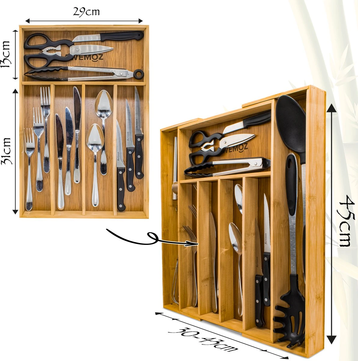 AWEMOZ Bestekbak – Bamboe Besteklade Uitschuifbaar – 5/7 Vakken - Bestekcassette - Bestekhouder Hout - Lade Organizer - Bestek Opbergen - 45 Cm Lang X 30-43 Cm Breed X 4 Cm Hoog 4 AWEMOZ Bestekbak – Bamboe Besteklade Uitschuifbaar – 5/7 Vakken - Bestekcassette - Bestekhouder Hout - Lade Organizer - Bestek Opbergen - 45 Cm Lang X 30-43 Cm Breed X 4 Cm Hoog - Afbeelding 2