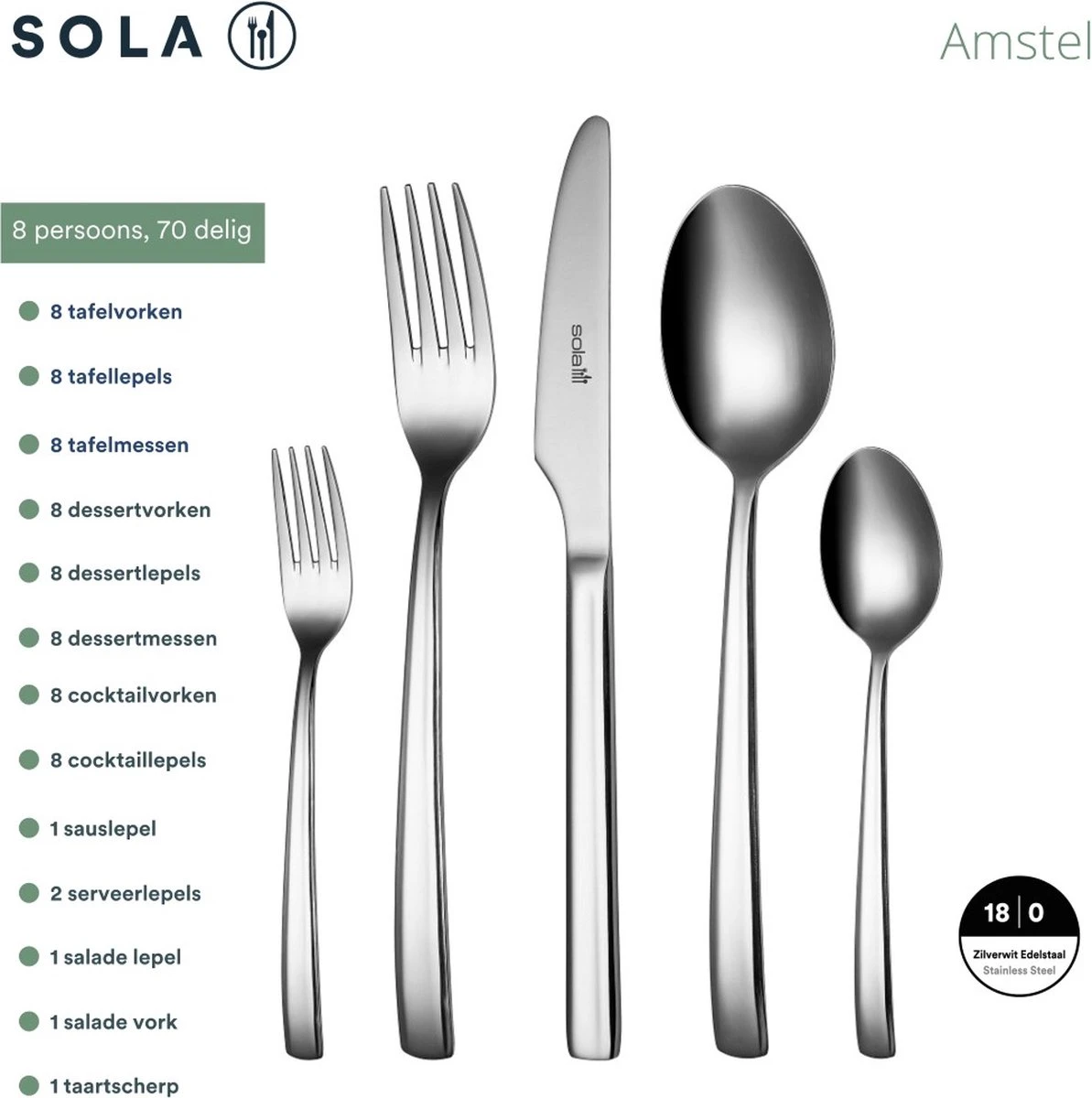 Sola Bestekset Amstel - Economy - 8 Persoons - 70 Delig - Zilver Chroomstaal 18/0 - RVS 6 Sola Bestekset Amstel - Economy - 8 Persoons - 70 Delig - Zilver Chroomstaal 18/0 - RVS - Afbeelding 4