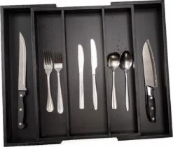 Merkloos Decopatent® Uitschuifbaar Bestekbak - Besteklade - 3 Vaks -> Uitschuifbaar Naar 5 Vakken - Bestekbakken Organizer - Bamboe - Zwart -Beste Bestek Winkel 1200x1018