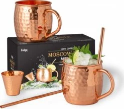 Gadgy Moscow Mule Bekers Set - 100% Koper - Cocktailset : 2 Cocktailglazen, 2 Rietjes & 1 Barmaatje