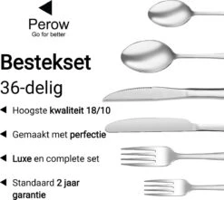 Perow 6 Persoons Bestekset – 36 Delig – 18/10 Edelstaal – Lepels, Messen, Vorken & Steakmessen – Vaatwasserbestendig – Zilver - Serviessets -Beste Bestek Winkel 1200x1073