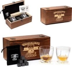 Whiskey Set - Incl. 2 Whiskey Glazen, 6 Whiskey Stones, 2 Onderzetters, Fluwelen Opbergzak, Opbergbox - Whisky Geschenkdoos - Glas - Herbruikbare IJsblokjes - Whiskey Stenen Voor Glazen - Peaky Blinders - Cadeau Voor Man & Vrouw
