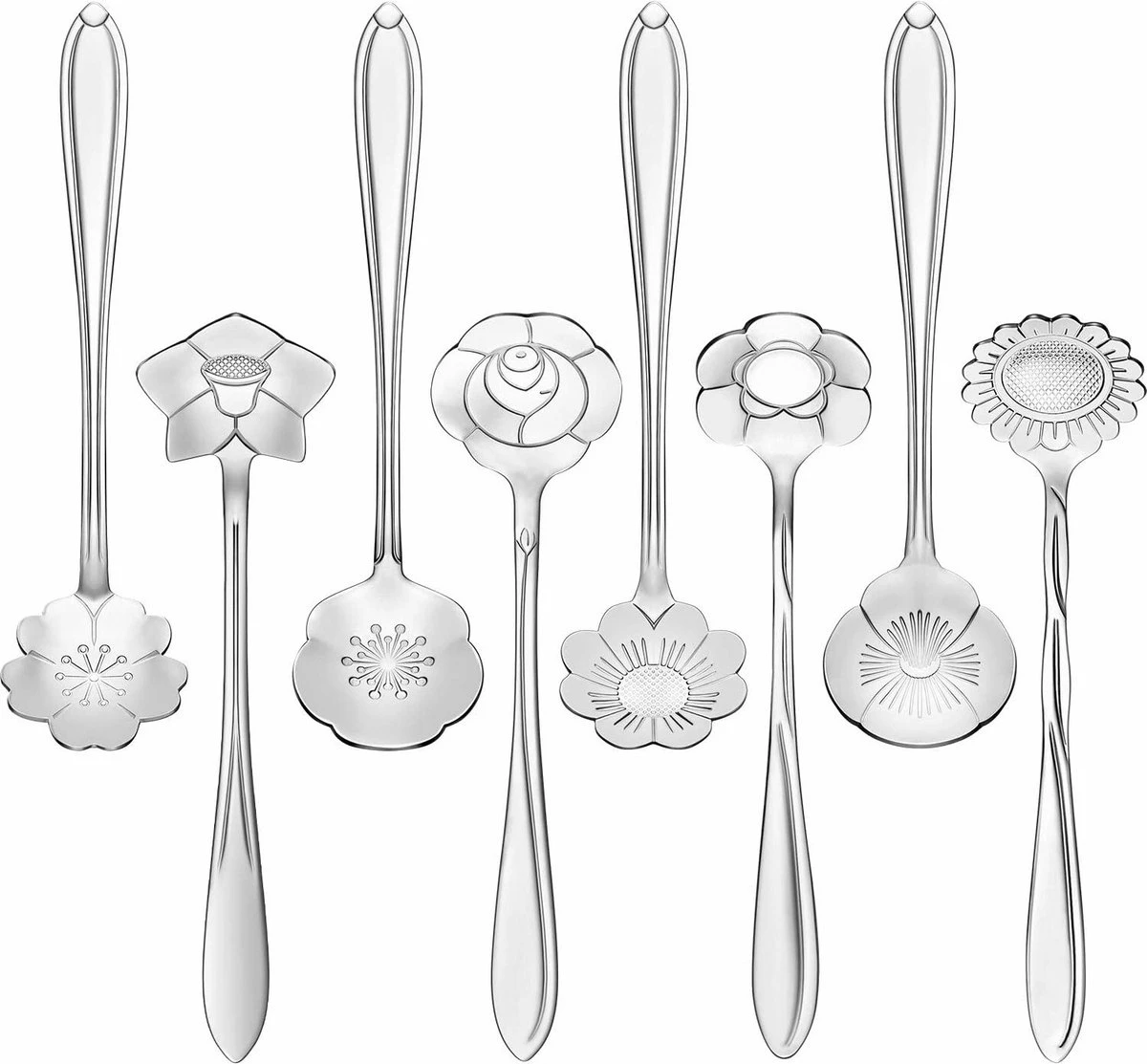 Fako Bijoux® - Bloemen Lepels Set - Theelepel / Koffielepel - 12cm - Zilver - 8 Stuks