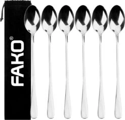Fako Bijoux® - 6 Lange Lepels - Latte Macchiato - Longdrink - Cocktail - Dessert - IJs - Koffie - Zilver - 6 Stuks - Bewaarzakje