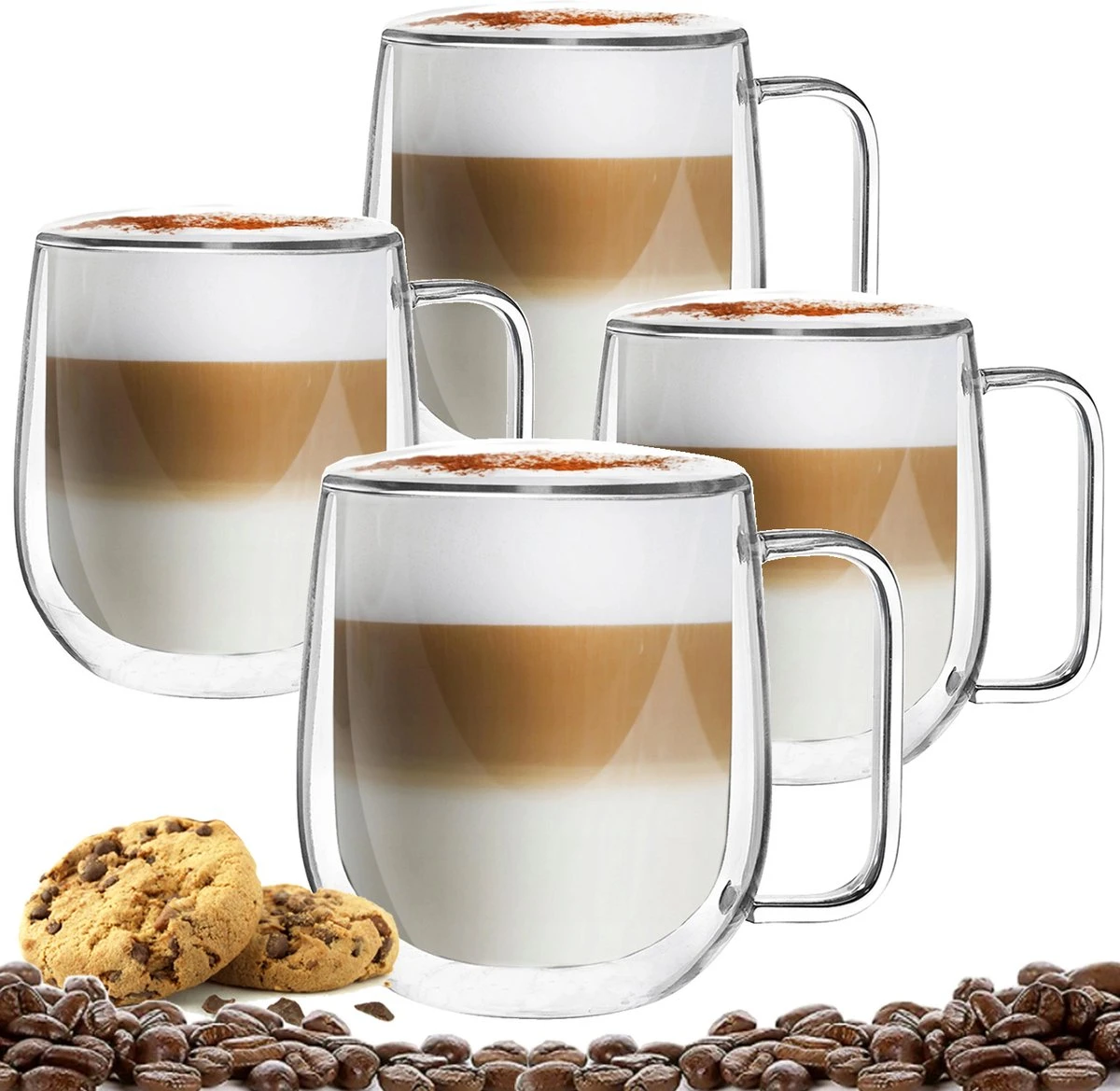 Dubbelwandige Koffieglazen Met Oor - Cappuccino Glazen - Dubbelwandige Theeglazen - 300 ML - 4 Stuks 3 Dubbelwandige Koffieglazen Met Oor - Cappuccino Glazen - Dubbelwandige Theeglazen - 300 ML - 4 Stuks