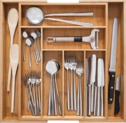 Gadgy Uitschuifbare Bestekbak - Uitschuifbare Bestekcassette Hout - Besteklade - Ladeverdeler - 6/8 Vakken - Bamboe