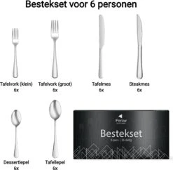 Perow 6 Persoons Bestekset – 36 Delig – 18/10 Edelstaal – Lepels, Messen, Vorken & Steakmessen – Vaatwasserbestendig – Zilver - Serviessets -Beste Bestek Winkel 1200x1177