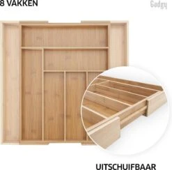 Gadgy Uitschuifbare Bestekbak - Uitschuifbare Bestekcassette Hout - Besteklade - Ladeverdeler - 6/8 Vakken - Bamboe -Beste Bestek Winkel 1200x1186