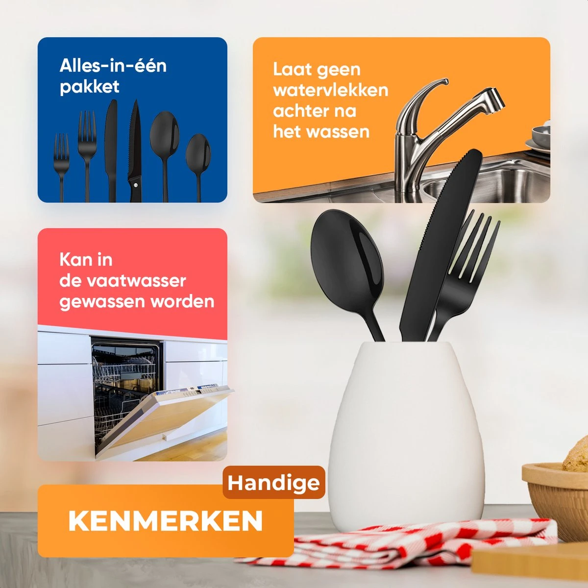 Strex Bestekset 6 Persoons - Zwart - 36-delig - Roestvrij Staal - Lepels, Messen, Vorken En Steakmessen - Hoogwaardige Kwaliteit 5 Strex Bestekset 6 Persoons - Zwart - 36-delig - Roestvrij Staal - Lepels, Messen, Vorken En Steakmessen - Hoogwaardige Kwaliteit - Afbeelding 3