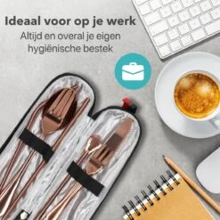 Damster Reisbestek - Verbeterde Versie - Meeneem Bestek Rvs - Reis Bestekset To Go - Incl. Herbruikbare Rietjes - Eenpersoons - Achtdelig - Roodgoud -Beste Bestek Winkel 1200x1200 212