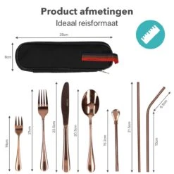 Damster Reisbestek - Verbeterde Versie - Meeneem Bestek Rvs - Reis Bestekset To Go - Incl. Herbruikbare Rietjes - Eenpersoons - Achtdelig - Roodgoud -Beste Bestek Winkel 1200x1200 214
