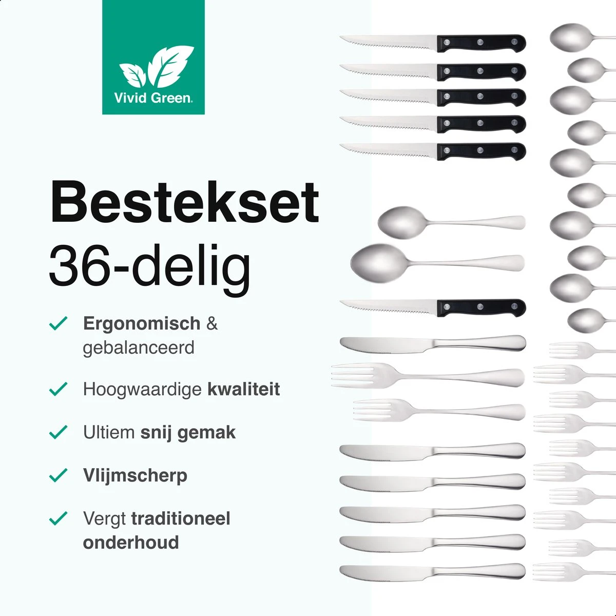 Vivid Green Bestekset (36-delig) - Bestek Set 6 Persoons - Lepels, Messen, Vorken En Steakmessen - Vaatwasserbestendig - RVS 4 Vivid Green Bestekset (36-delig) - Bestek Set 6 Persoons - Lepels, Messen, Vorken En Steakmessen - Vaatwasserbestendig - RVS - Afbeelding 2