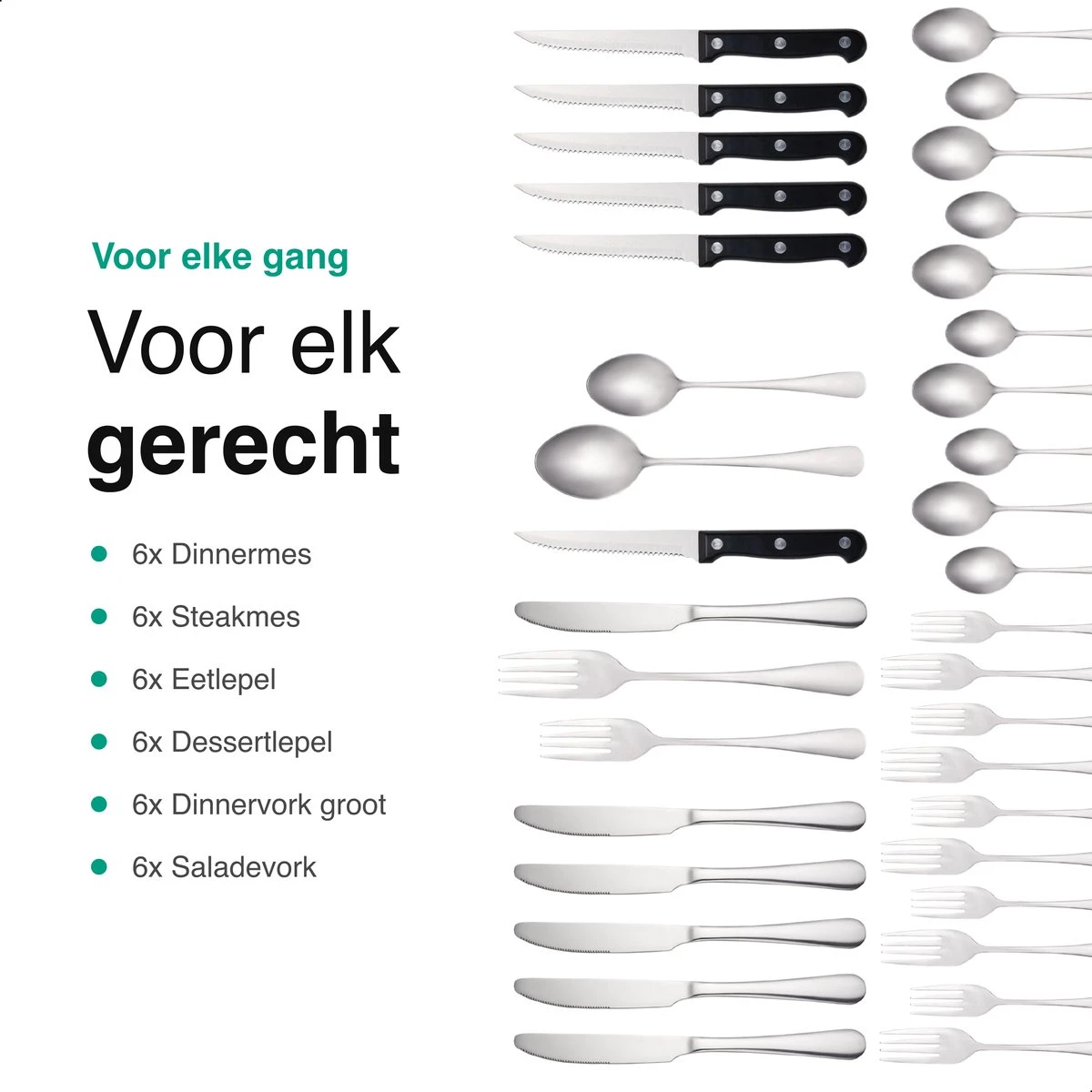 Vivid Green Bestekset (36-delig) - Bestek Set 6 Persoons - Lepels, Messen, Vorken En Steakmessen - Vaatwasserbestendig - RVS 10 Vivid Green Bestekset (36-delig) - Bestek Set 6 Persoons - Lepels, Messen, Vorken En Steakmessen - Vaatwasserbestendig - RVS - Afbeelding 8