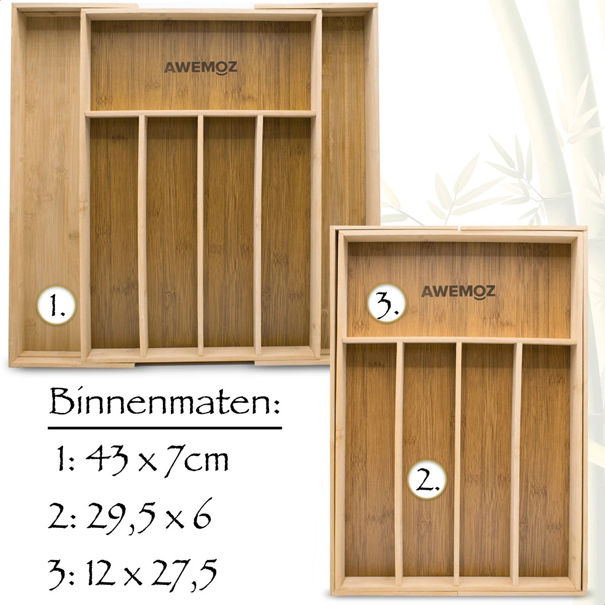 AWEMOZ Bestekbak – Bamboe Besteklade Uitschuifbaar – 5/7 Vakken - Bestekcassette - Bestekhouder Hout - Lade Organizer - Bestek Opbergen - 45 Cm Lang X 30-43 Cm Breed X 4 Cm Hoog 5 AWEMOZ Bestekbak – Bamboe Besteklade Uitschuifbaar – 5/7 Vakken - Bestekcassette - Bestekhouder Hout - Lade Organizer - Bestek Opbergen - 45 Cm Lang X 30-43 Cm Breed X 4 Cm Hoog - Afbeelding 3