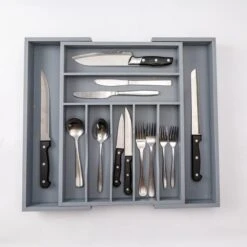 Merkloos Decopatent® Uitschuifbaar Bestekbak - Besteklade - 7 Vaks -> Uitschuifbaar Naar 9 Vakken - Bestekbakken Organizer - Bamboe - Grijs -Beste Bestek Winkel 1200x1200 407