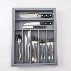 Merkloos Decopatent® Uitschuifbaar Bestekbak - Besteklade - 7 Vaks -> Uitschuifbaar Naar 9 Vakken - Bestekbakken Organizer - Bamboe - Grijs -Beste Bestek Winkel 1200x1200 409