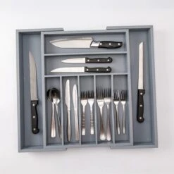 Merkloos Decopatent® Uitschuifbaar Bestekbak - Besteklade - 7 Vaks -> Uitschuifbaar Naar 9 Vakken - Bestekbakken Organizer - Bamboe - Grijs -Beste Bestek Winkel 1200x1200 410