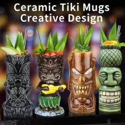 Tiki-mokken Glazen Tiki-mok Voor Cocktails, Set Van 4 Grote Keramische Tropische Bekers, Hawaïaanse Tiki-feestjes, Creatieve Cocktailglazen Voor Drankjes, Drinkgerei Voor Bar, Hoogwaardig Tropisch Exotisch Leuk Bargerei, 4 Stuks, Als Cadeau -Beste Bestek Winkel 1200x1200 510