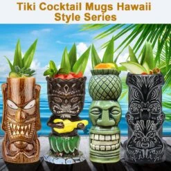 Tiki-mokken Glazen Tiki-mok Voor Cocktails, Set Van 4 Grote Keramische Tropische Bekers, Hawaïaanse Tiki-feestjes, Creatieve Cocktailglazen Voor Drankjes, Drinkgerei Voor Bar, Hoogwaardig Tropisch Exotisch Leuk Bargerei, 4 Stuks, Als Cadeau -Beste Bestek Winkel 1200x1200 512