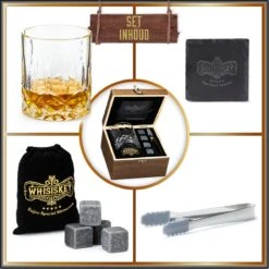 Whisiskey Luxe Whiskey Set - Incl. Whiskey Glas, 4 Whiskey Stones, Onderzetter, Ijstang, Fluwelen Opbergzak, Opbergbox - Whisky Geschenkdoos - Accessoires - Herbruikbare IJsblokjes - Cadeau Voor Man & Vrouw -Beste Bestek Winkel 1200x1200 594
