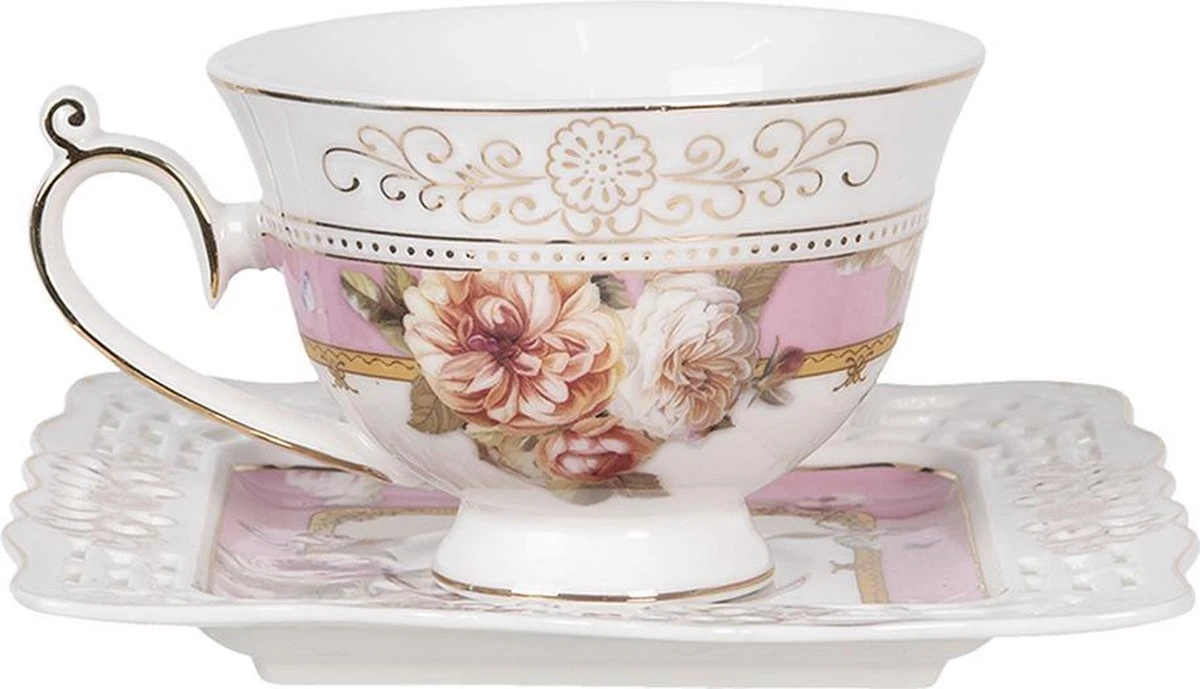 Clayre & Eef Kop En Schotel 200 Ml Roze Wit Porselein Rond Bloemen Servies Cadeau Voor Haar Cappuccino 9 Clayre & Eef Kop En Schotel 200 Ml Roze Wit Porselein Rond Bloemen Servies Cadeau Voor Haar Cappuccino - Afbeelding 7