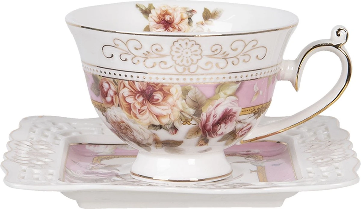 Clayre & Eef Kop En Schotel 200 Ml Roze Wit Porselein Rond Bloemen Servies Cadeau Voor Haar Cappuccino 3 Clayre & Eef Kop En Schotel 200 Ml Roze Wit Porselein Rond Bloemen Servies Cadeau Voor Haar Cappuccino