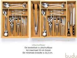 Budu Uitschuifbare Bamboe Bestekbak #43 (43 Cm Diep) - Bestekcassette Hout - Besteklade - 43 X 32,2 - 53 Cm - 6/8 Vakken -Beste Bestek Winkel 1200x903