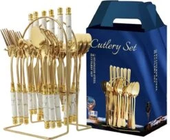 Yerminbeauty Bestekset 6 Persoons 24-delig - Roestvrij Staal - Theelepels, Lepels, Messen & Vorken - Met Houder - Wit-goud Marble