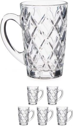 Set Van 6x Stuks Luxe Koffieglazen 170 Ml Met Oor - Type Diamant - Transparant Stevig Kwaliteitsglas