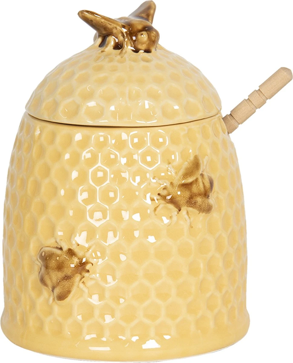 Clayre & Eef Honingpot Met Lepel Ø 11x14 Cm Geel Keramiek Rond Bijen Voorraadpot Deksel Bewaarpot Opbergpot 3 Clayre & Eef Honingpot Met Lepel Ø 11x14 Cm Geel Keramiek Rond Bijen Voorraadpot Deksel Bewaarpot Opbergpot